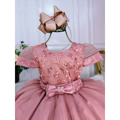 Vestido Infantil Rose Com Renda e Pérolas Luxo