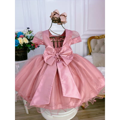 Vestido Infantil Rose Com Renda e Pérolas Luxo