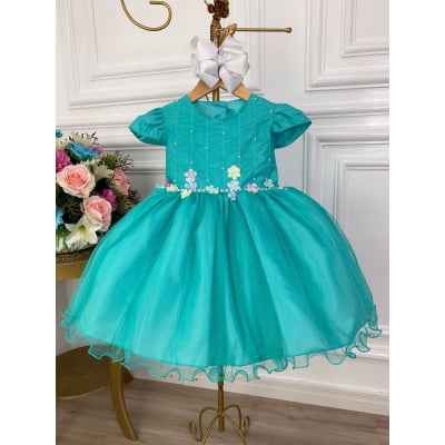 Vestido Infantil Verde C/ Aplique de Flores Glitter