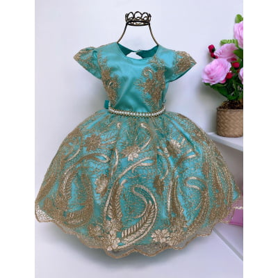 Vestido Infantil Verde Realeza Renda Dourada Luxo Aniversário