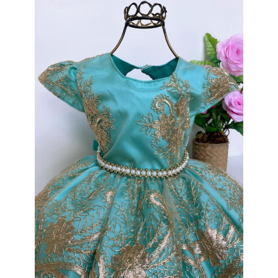 Vestido Infantil Verde Realeza Renda Dourada Luxo Aniversário