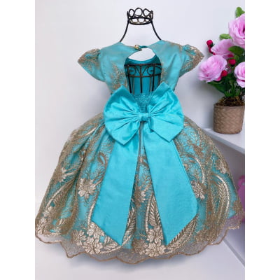 Vestido Infantil Verde Realeza Renda Dourada Luxo Aniversário