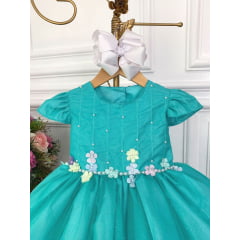 Vestido Infantil Verde Tiffany C/ Aplique de Flores Glitter