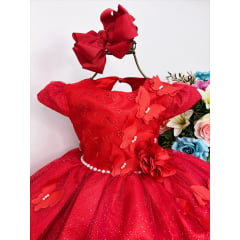 Vestido Infantil Vermelho Aplique de Borboletas Flor Brilho