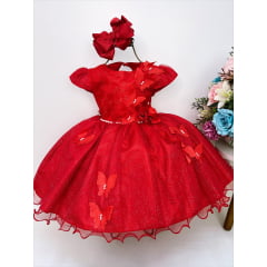 Vestido Infantil Vermelho Aplique de Borboletas Flor Brilho