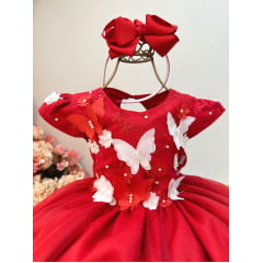 Vestido Infantil Vermelho C/ Renda Aplique Borboletas Flores