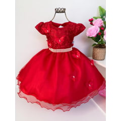 Vestido Infantil Vermelho com Pérolas Renda Aplique Borboletas