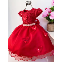 Vestido Infantil Vermelho com Pérolas Renda Aplique Borboletas
