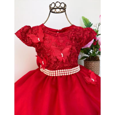 Vestido Infantil Vermelho com Pérolas Renda Aplique Borboletas
