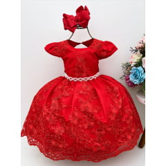 Vestido Infantil Vermelho e Renda Realeza Cinto de Pérolas