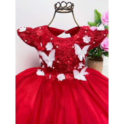 Vestido Infantil Vermelho Pérolas Renda Aplique Borboletas