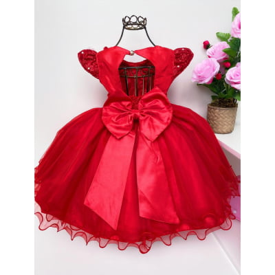 Vestido Infantil Vermelho Pérolas Renda Aplique Borboletas