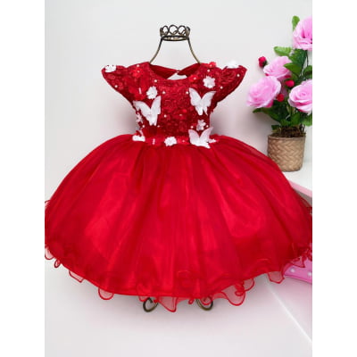 Vestido Infantil Vermelho Pérolas Renda Aplique Borboletas