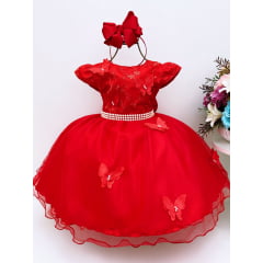 Vestido Infantil Vermelho Pérolas Renda e Aplique Borboletas
