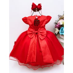 Vestido Infantil Vermelho Pérolas Renda e Aplique Borboletas