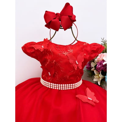 Vestido Infantil Vermelho Pérolas Renda e Aplique Borboletas