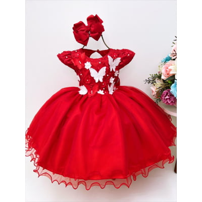 Vestido Infantil Vermelho Renda Aplique de Flores Borboletas