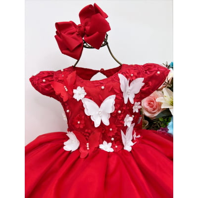 Vestido Infantil Vermelho Renda Aplique de Flores Borboletas