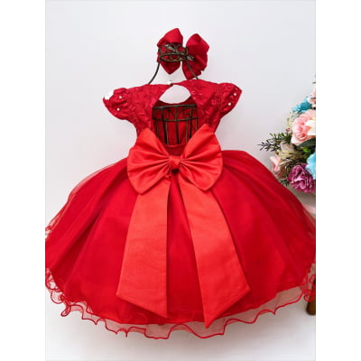 Vestido Infantil Vermelho Renda Aplique de Flores Borboletas