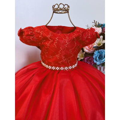 Vestido Infantil Vermelho Renda e Voal Luxo Festas