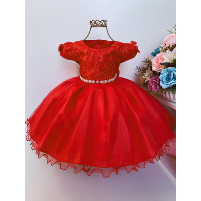 Vestido Infantil Vermelho Renda e Voal Luxo Festas