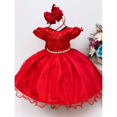 Vestido Infantil Vermelho Renda e Voal Luxo Festas
