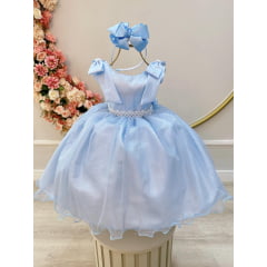 Vestido Infantil Azul Claro C/ Pérolas e Saia Tule Glitter