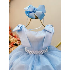 Vestido Infantil Azul Claro C/ Pérolas e Saia Tule Glitter