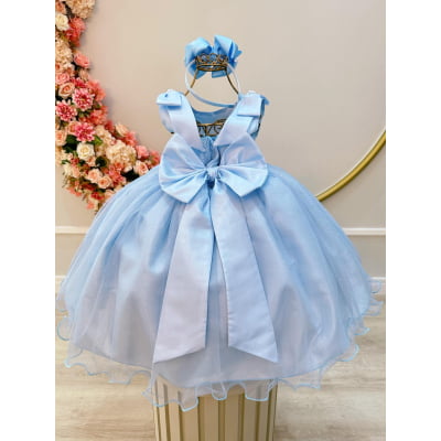 Vestido Infantil Azul Claro C/ Pérolas e Saia Tule Glitter