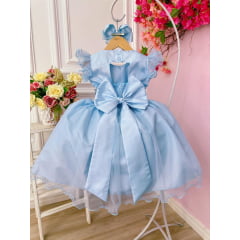 Vestido Infantil Azul Com Glitter e Broche de Flor Luxo