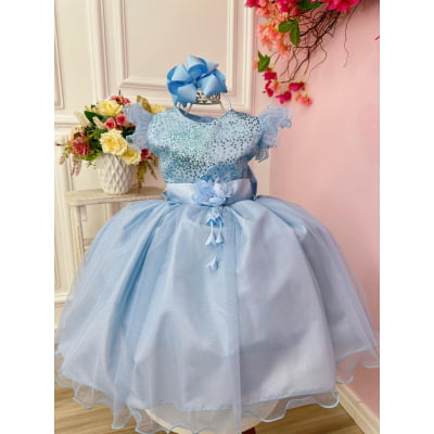 Vestido Infantil Azul Com Glitter e Broche de Flor Luxo