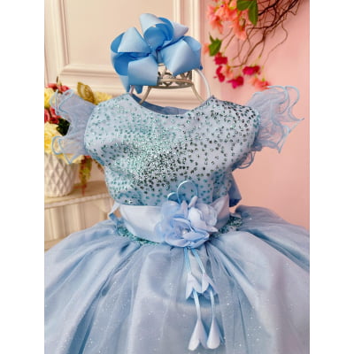 Vestido Infantil Azul Com Glitter e Broche de Flor Luxo