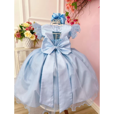 Vestido Infantil Azul Com Glitter e Broche de Flor Luxo