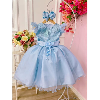 Vestido Infantil Azul Com Glitter e Broche de Flor Luxo