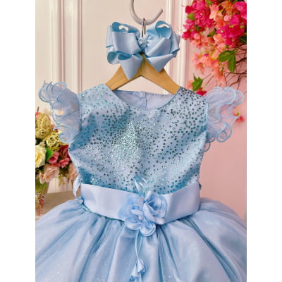 Vestido Infantil Azul Com Glitter e Broche de Flor Luxo