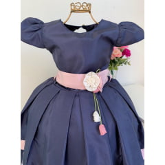 Vestido Infantil Azul Marinho Princesa Laço Rosa com Flor