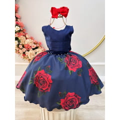 Vestido Infantil Azul Marinho Saia Florida Busto Plissado