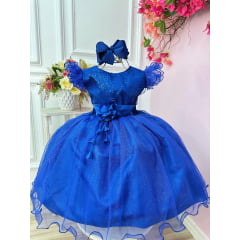 Vestido Infantil Azul Royal Com Glitter e Broche de Flor Luxo