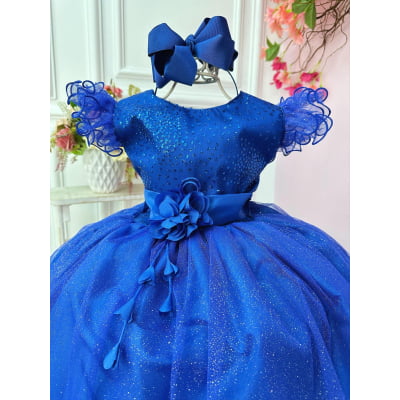 Vestido Infantil Azul Royal Com Glitter e Broche de Flor Luxo
