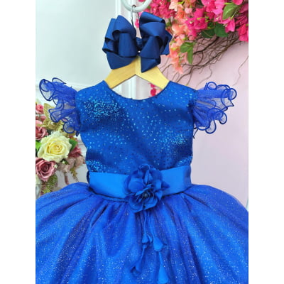Vestido Infantil Azul Royal Com Glitter e Broche de Flor Luxo