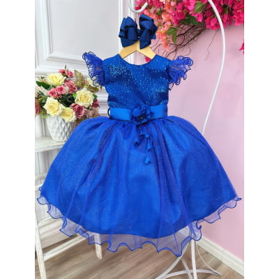 Vestido Infantil Azul Royal Com Glitter e Broche de Flor Luxo