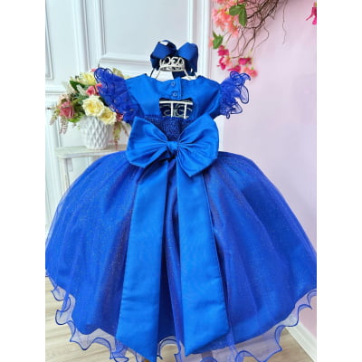 Vestido Infantil Azul Royal Com Glitter e Broche de Flor Luxo