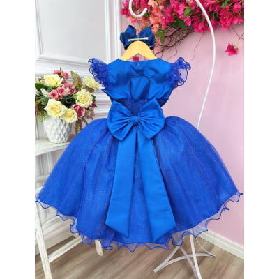 Vestido Infantil Azul Royal Com Glitter e Broche de Flor Luxo