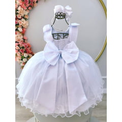 Vestido Infantil Branco C/ Glitter Busto e Aplique de Laços