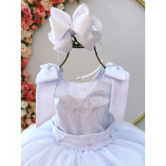 Vestido Infantil Branco C/ Glitter Busto e Aplique de Laços