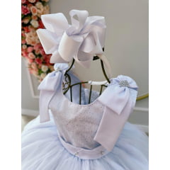 Vestido Infantil Branco C/ Glitter Busto e Aplique de Laços