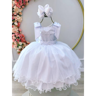 Vestido Infantil Branco C/ Glitter Busto e Aplique de Laços