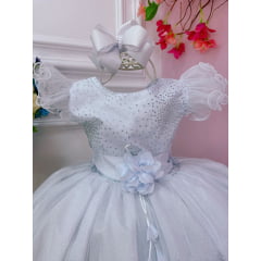 Vestido Infantil Branco Com Glitter e Broche de Flor Luxo