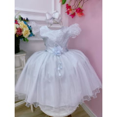 Vestido Infantil Branco Com Glitter e Broche de Flor Luxo