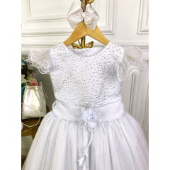 Vestido Infantil Branco Com Glitter e Broche de Flor Luxo